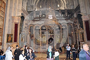 Pilgrims in front of The  Edicule in The Church of the Holy Sepulchre, Christ`s tomb, in the Old City of Jerusalem, Israel